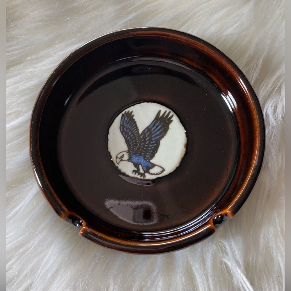 Vintage Otagiri Original Brown Ceramic Hand Crafted Ashtray Blue Eagle Japan